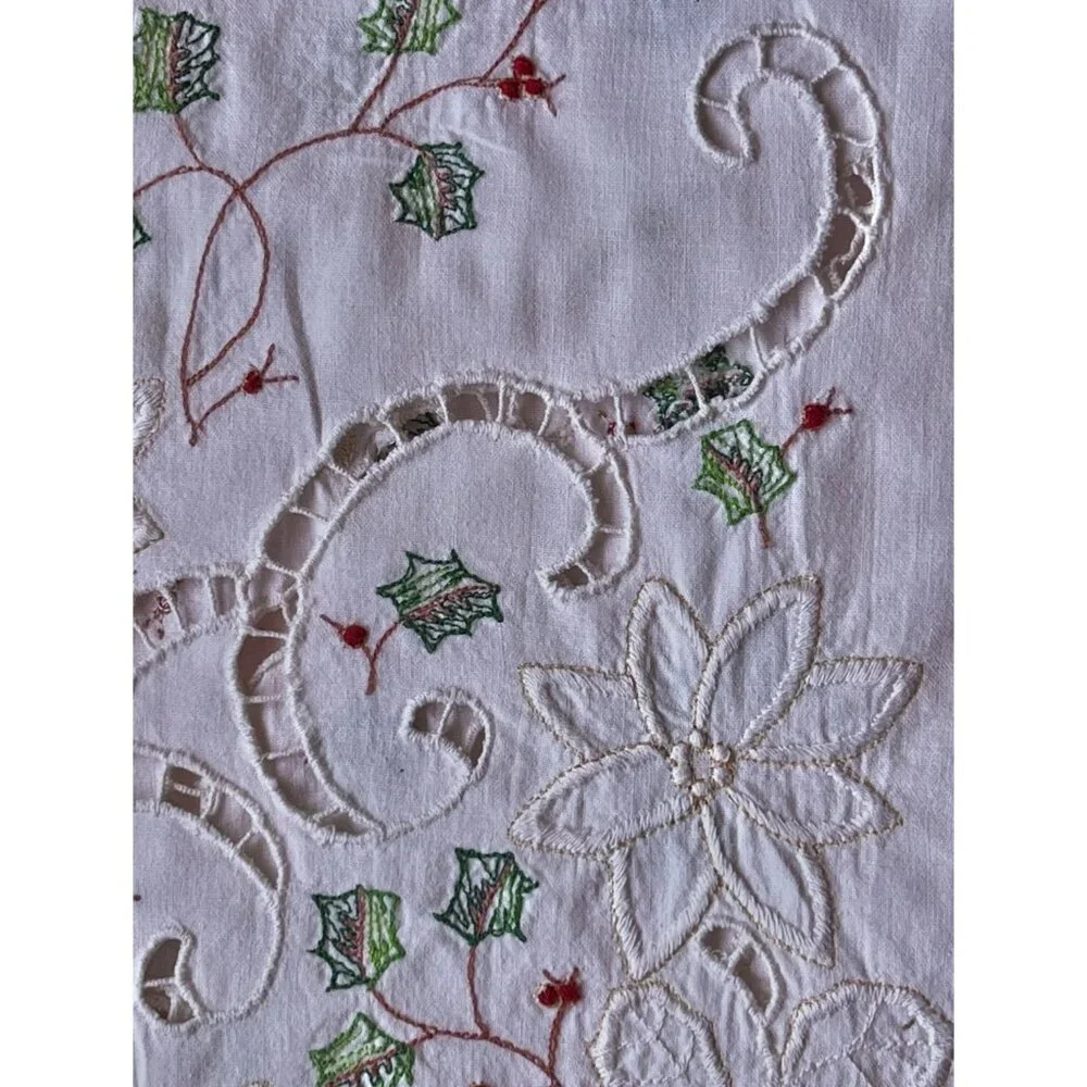 Pale Pink Christmas Tablecloth Embroidered Holly & Berry Cutwork Scalloped edges